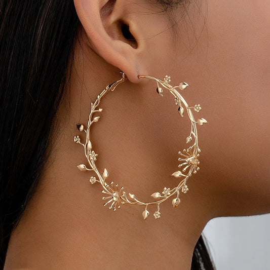 FTCY Exaggerated Hoop Earrings for Women Leaf Flower Gold Color Big Circle Earrings Vintage Trend Women's Jewelry Gift