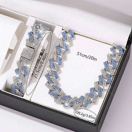 2pcs Jewelry Set Hip Hop Geometric Cuban Chain Neck Fashionable High Quality Hip Hop Rhinestone Neck Bracelet Jewelry holiday gi