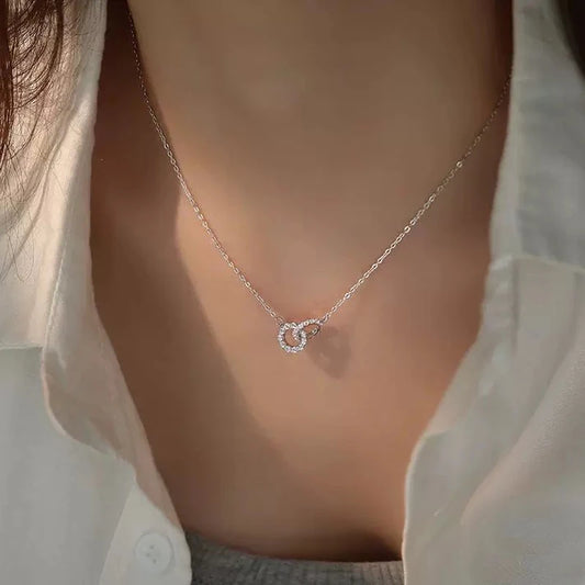 New S925 Silver Round Choker Zircon For Women Fashion Chain Minimalist Dainty Double Circle Pendant Necklace Neck Fine Jewelry