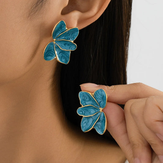 Metal Flower Red Enamel Petal Drop Earrings for Women Trendy Yellow Blue Green Drops Oil Flower Earrings Fashion Jewelry Gifts
