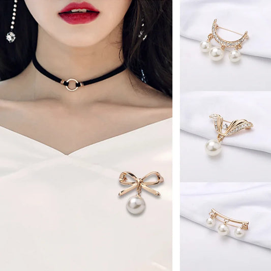 Pearl Brooch Fixed Strap Charm Safety Pin For Women Sweater Dress Clothe Small Brooch Cardigan Clip Chain Lapel Neckline Jewelry
