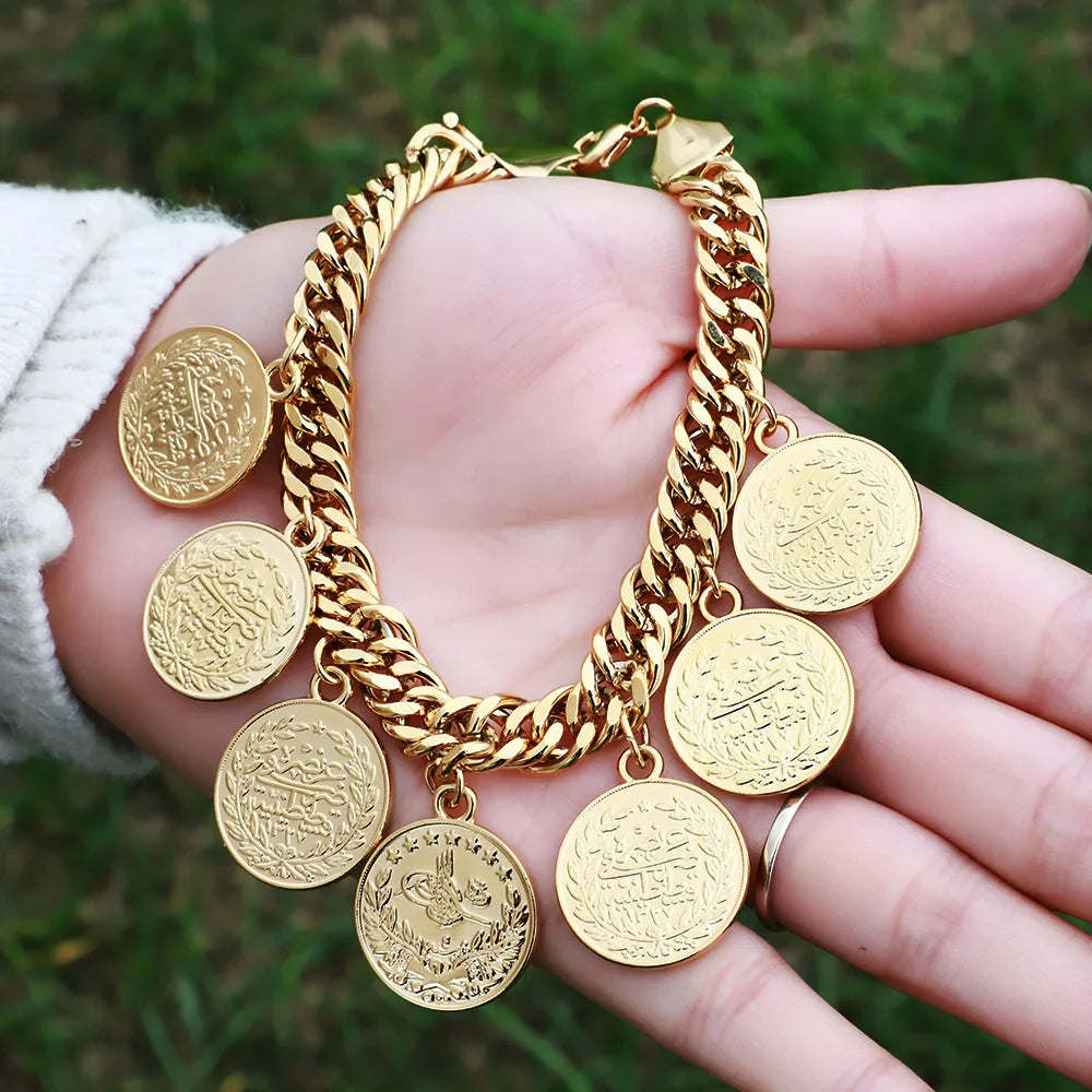 Length19CM/21CM Turkey Coin Bracelet for Women Gold Color Turks Simgesi Osmanli Turasi Muslim Islam Bangle Arab Allah Jewelry