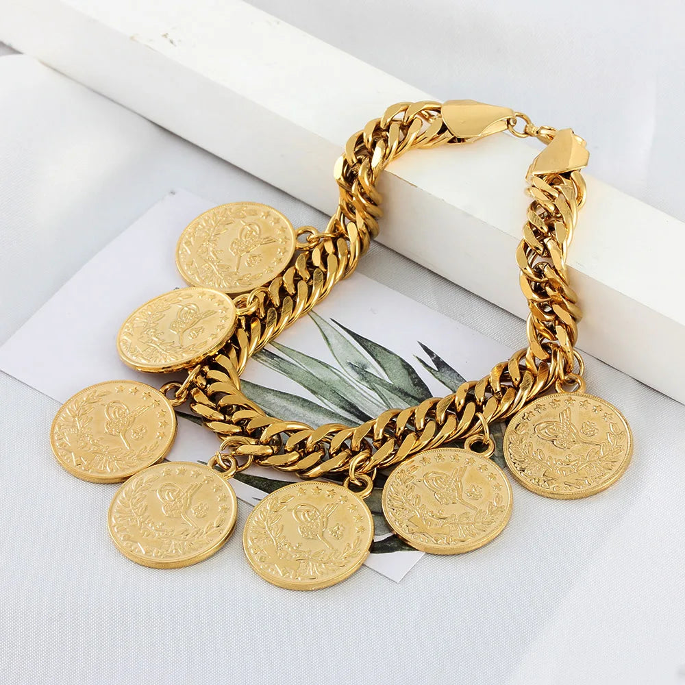Length19CM/21CM Turkey Coin Bracelet for Women Gold Color Turks Simgesi Osmanli Turasi Muslim Islam Bangle Arab Allah Jewelry
