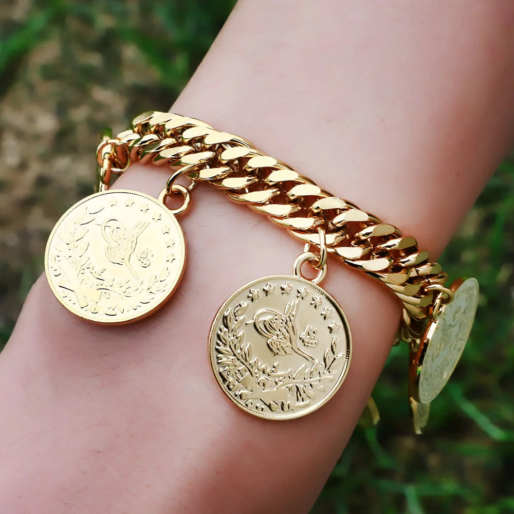 Length19CM/21CM Turkey Coin Bracelet for Women Gold Color Turks Simgesi Osmanli Turasi Muslim Islam Bangle Arab Allah Jewelry