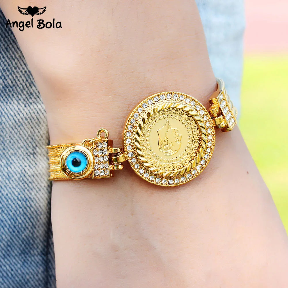 Length19CM/21CM Turkey Coin Bracelet for Women Gold Color Turks Simgesi Osmanli Turasi Muslim Islam Bangle Arab Allah Jewelry