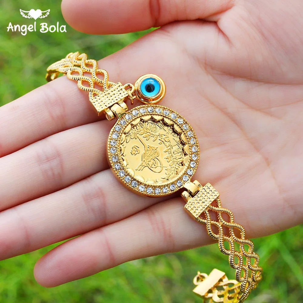 Length19CM/21CM Turkey Coin Bracelet for Women Gold Color Turks Simgesi Osmanli Turasi Muslim Islam Bangle Arab Allah Jewelry