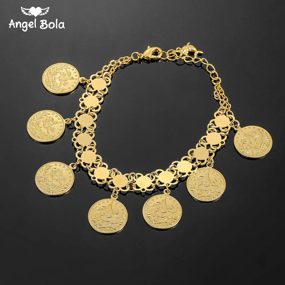 Length19CM/21CM Turkey Coin Bracelet for Women Gold Color Turks Simgesi Osmanli Turasi Muslim Islam Bangle Arab Allah Jewelry