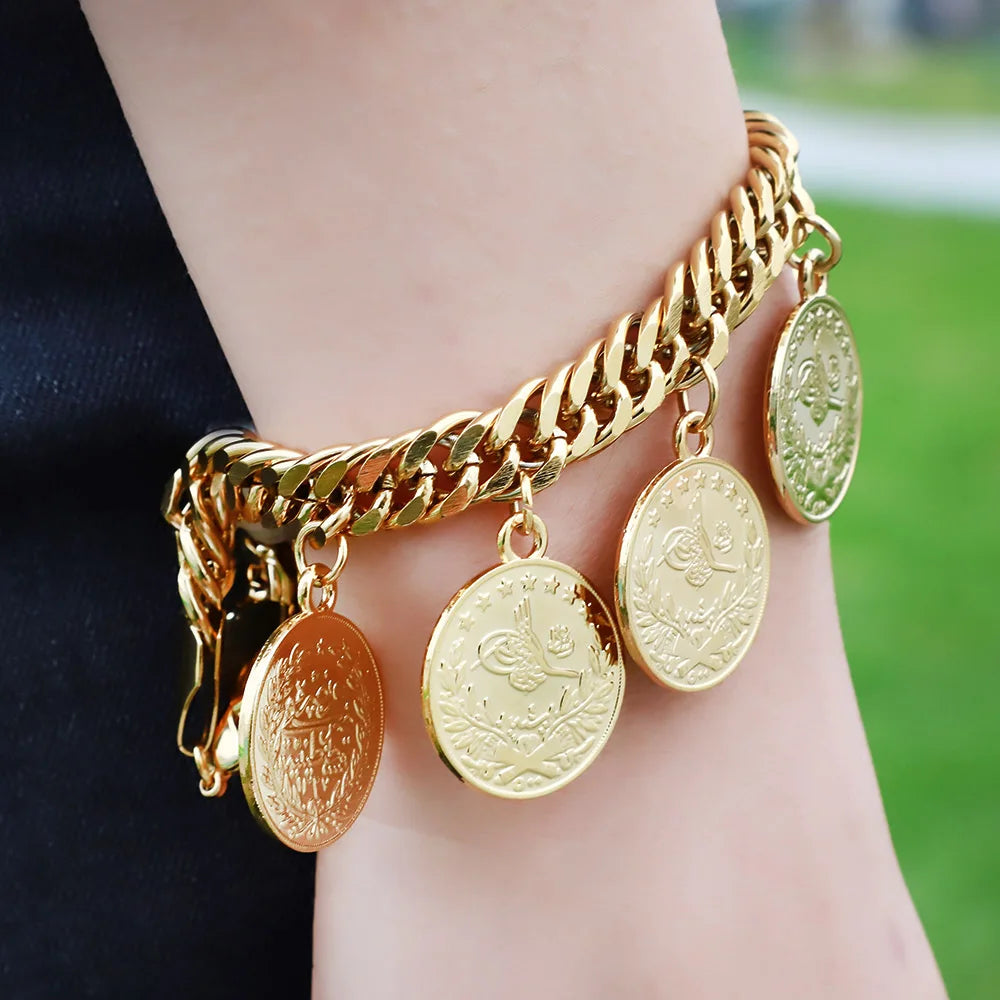 Length19CM/21CM Turkey Coin Bracelet for Women Gold Color Turks Simgesi Osmanli Turasi Muslim Islam Bangle Arab Allah Jewelry