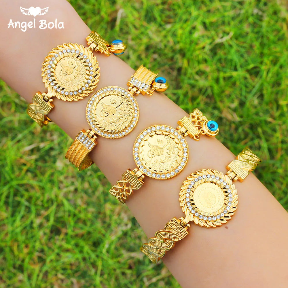 Length19CM/21CM Turkey Coin Bracelet for Women Gold Color Turks Simgesi Osmanli Turasi Muslim Islam Bangle Arab Allah Jewelry
