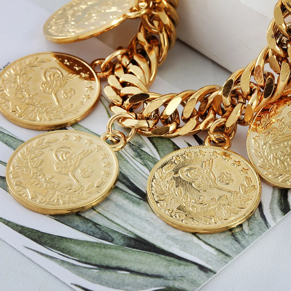 Length19CM/21CM Turkey Coin Bracelet for Women Gold Color Turks Simgesi Osmanli Turasi Muslim Islam Bangle Arab Allah Jewelry