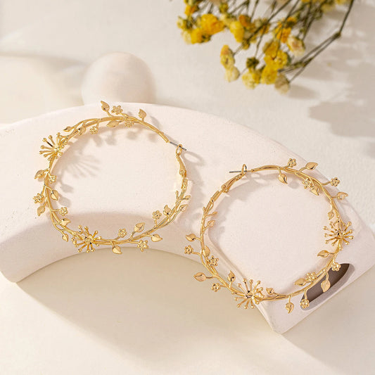 FTCY Exaggerated Hoop Earrings for Women Leaf Flower Gold Color Big Circle Earrings Vintage Trend Women's Jewelry Gift