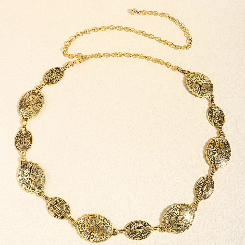 1/2pcs Retro Style WOMEN'S Metal Waist Chain Accessories Decorative Circle Carved Chain Belt High Style Accessories