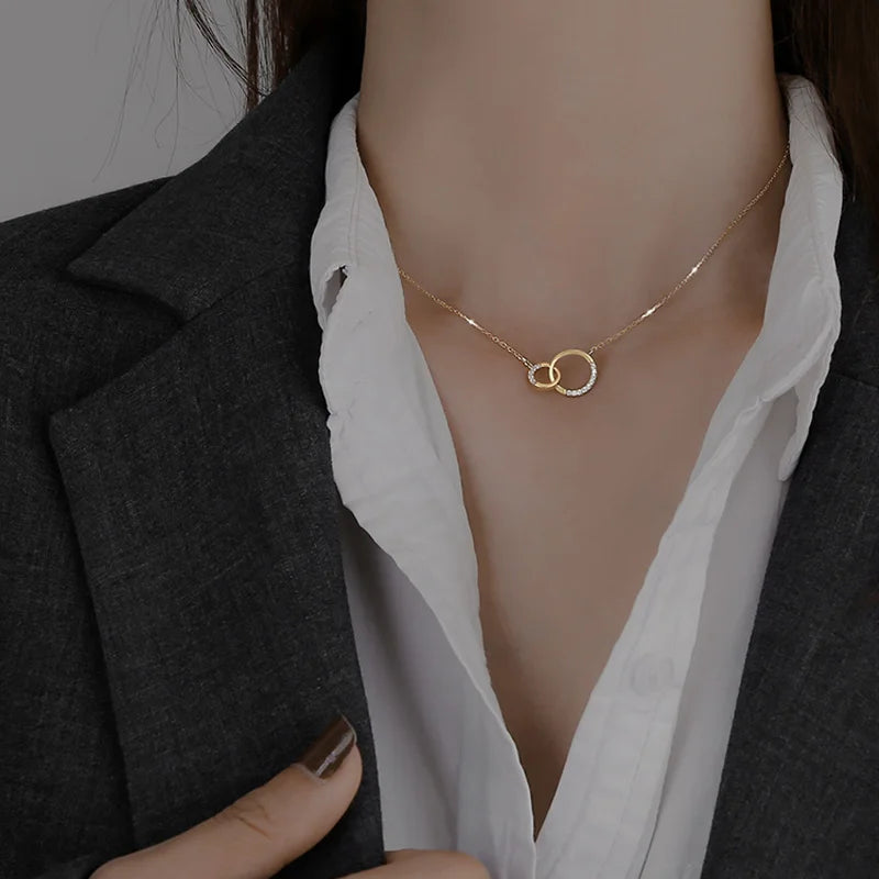 New S925 Silver Round Choker Zircon For Women Fashion Chain Minimalist Dainty Double Circle Pendant Necklace Neck Fine Jewelry