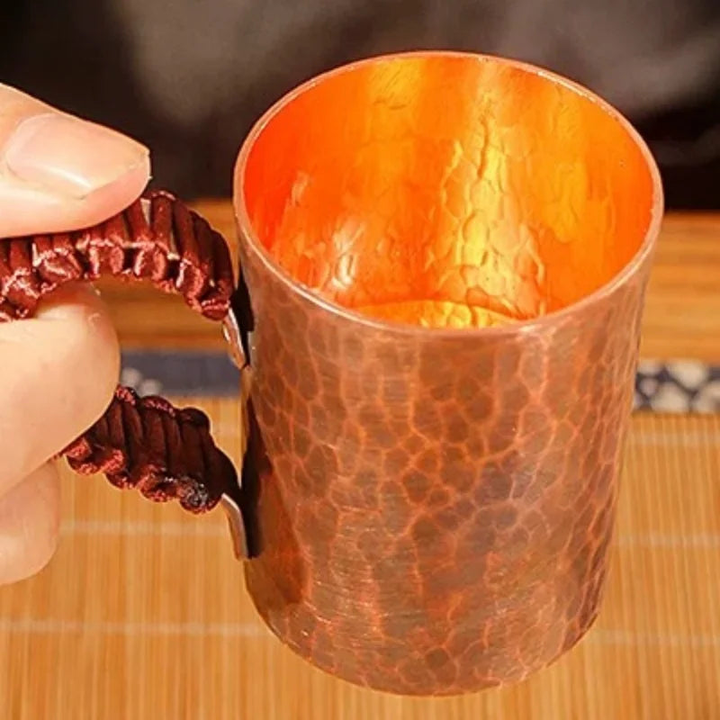 Vintage Pure Copper Cup,With lid Weave Handle Thickened Breakfast Cup,Handcrafted Tea Tumbler Drinkware Tableware Coffee Mug