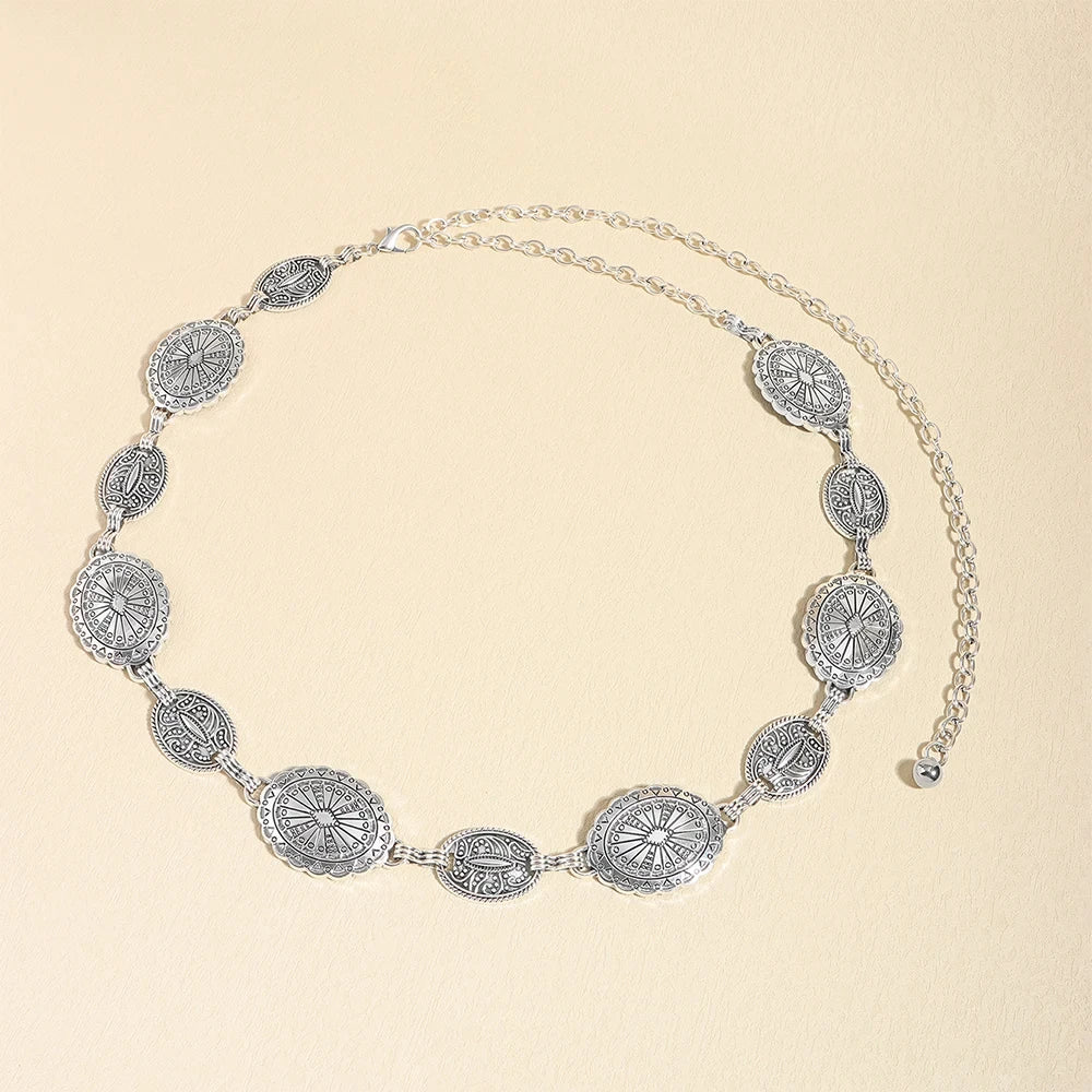 1/2pcs Retro Style WOMEN'S Metal Waist Chain Accessories Decorative Circle Carved Chain Belt High Style Accessories