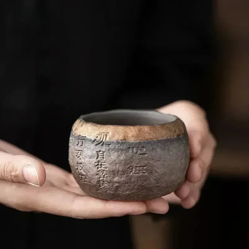 Tea Cup Rough Pottery Handmade Relief Heart Sutra Zen Cup Ceramic Chinese Master Portable Individual Single Cup