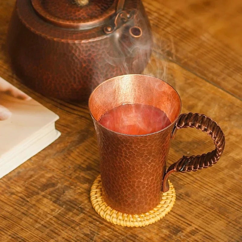 Vintage Pure Copper Cup,With lid Weave Handle Thickened Breakfast Cup,Handcrafted Tea Tumbler Drinkware Tableware Coffee Mug