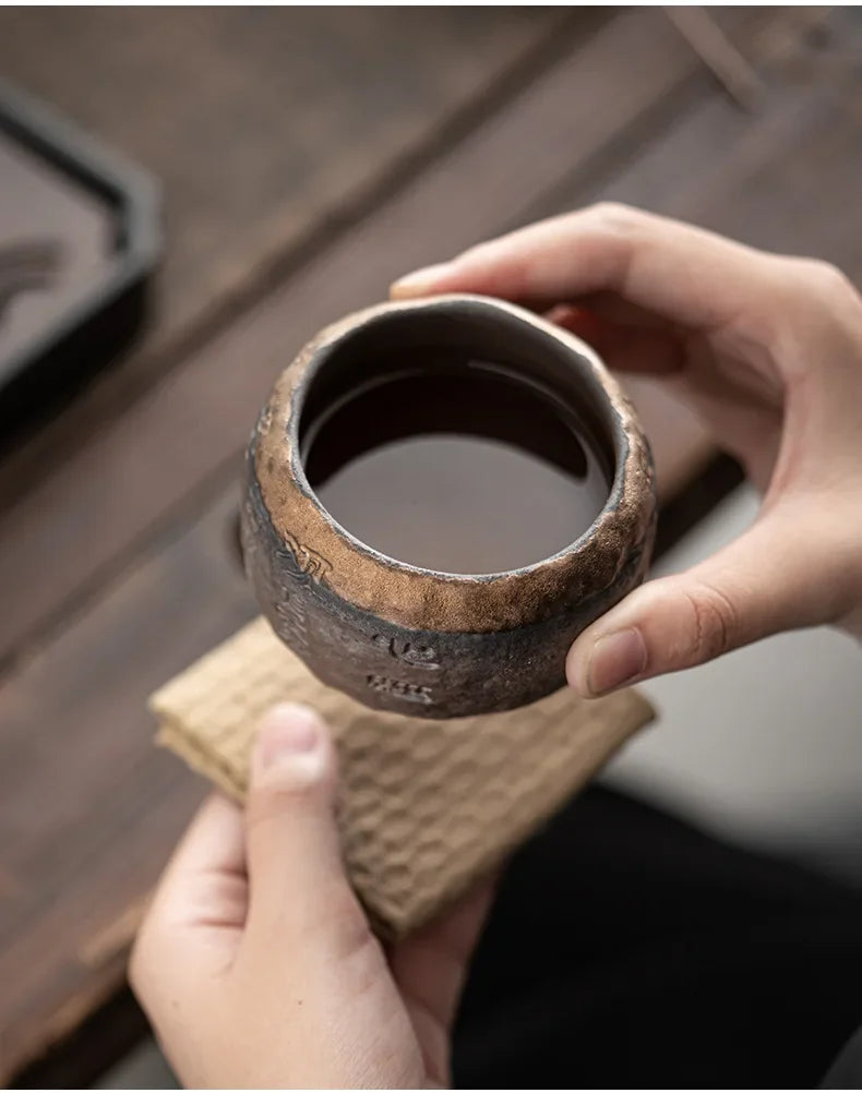 Tea Cup Rough Pottery Handmade Relief Heart Sutra Zen Cup Ceramic Chinese Master Portable Individual Single Cup