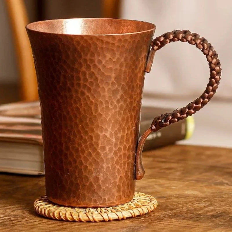 Vintage Pure Copper Cup,With lid Weave Handle Thickened Breakfast Cup,Handcrafted Tea Tumbler Drinkware Tableware Coffee Mug