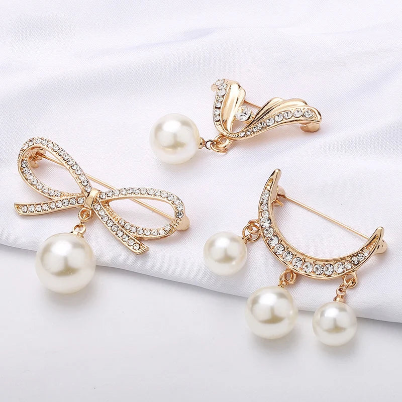Pearl Brooch Fixed Strap Charm Safety Pin For Women Sweater Dress Clothe Small Brooch Cardigan Clip Chain Lapel Neckline Jewelry