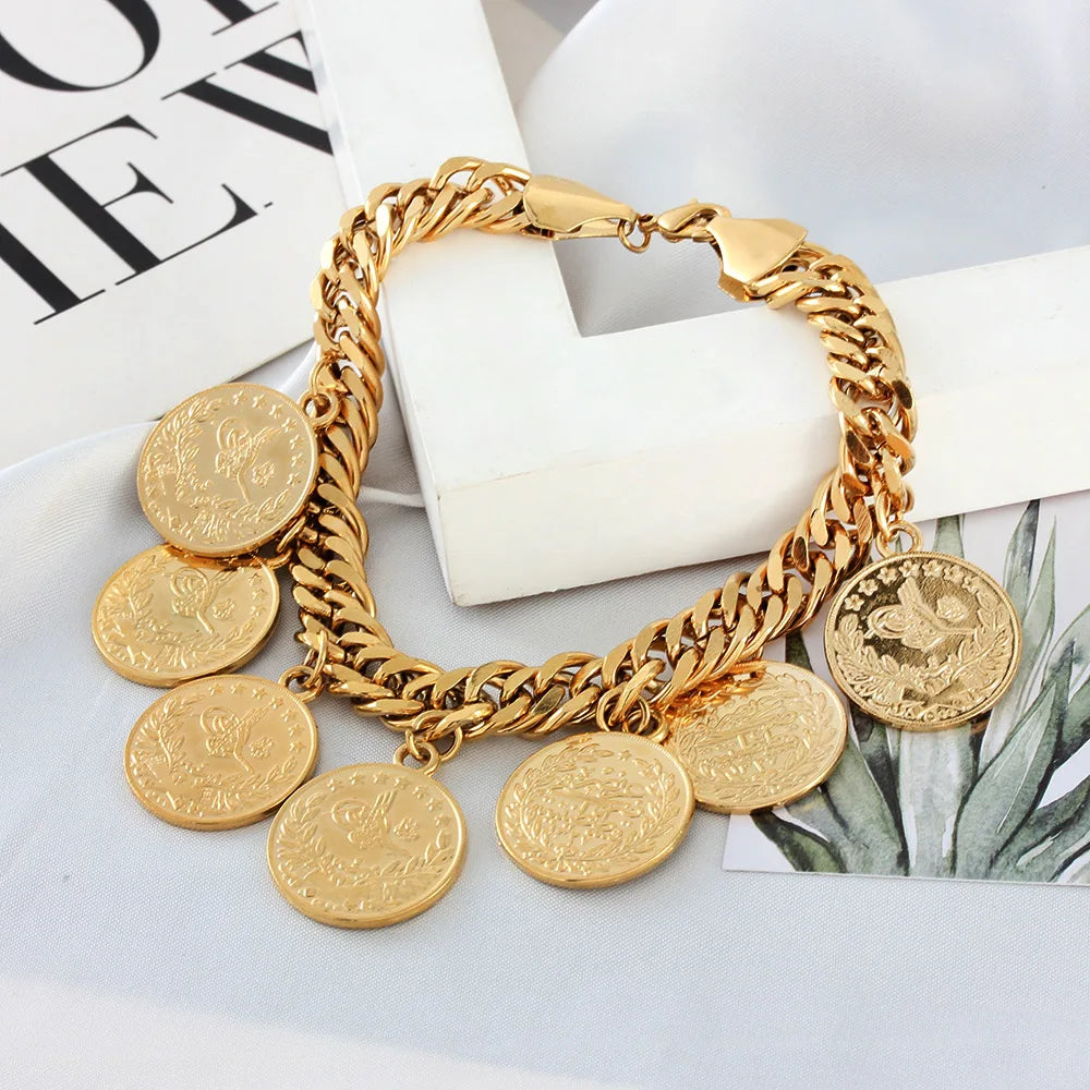 Length19CM/21CM Turkey Coin Bracelet for Women Gold Color Turks Simgesi Osmanli Turasi Muslim Islam Bangle Arab Allah Jewelry
