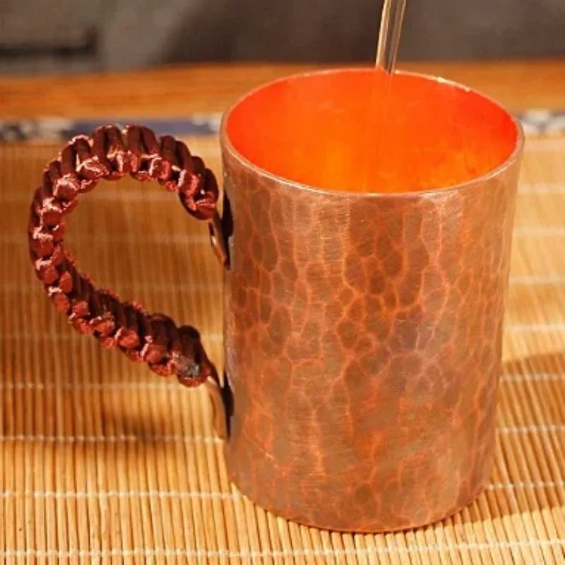 Vintage Pure Copper Cup,With lid Weave Handle Thickened Breakfast Cup,Handcrafted Tea Tumbler Drinkware Tableware Coffee Mug
