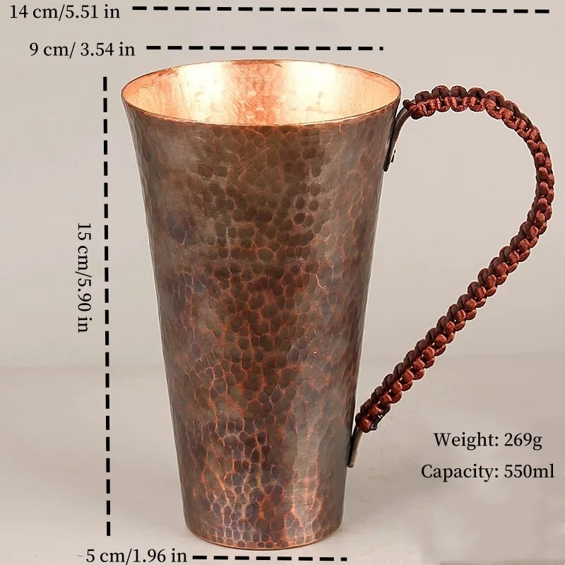 Vintage Pure Copper Cup,With lid Weave Handle Thickened Breakfast Cup,Handcrafted Tea Tumbler Drinkware Tableware Coffee Mug