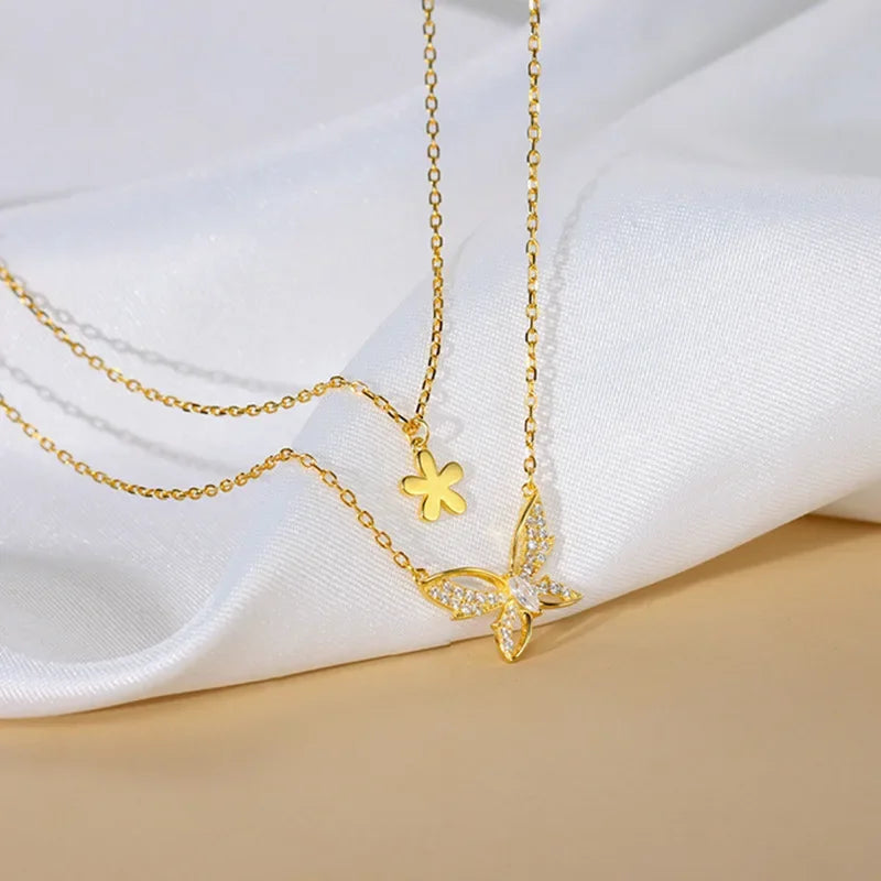 Simple Floral Butterfly Double Necklace Women's Zircon Pendant Collarbone Chain 2025 Fashion Jewelry