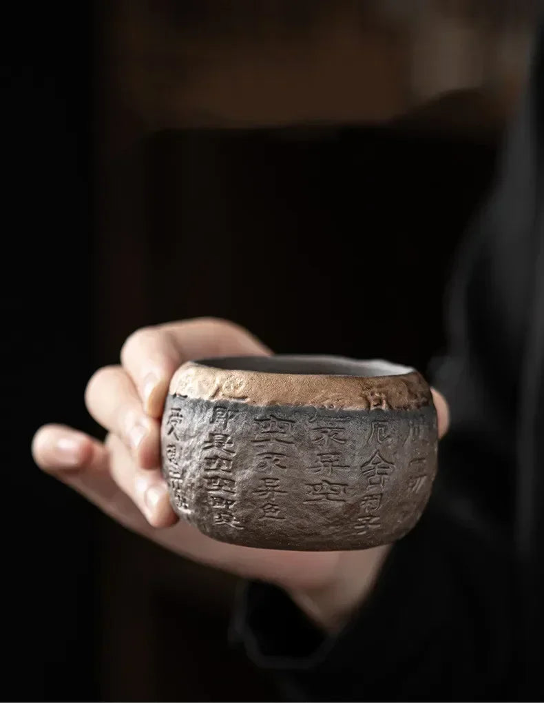 Tea Cup Rough Pottery Handmade Relief Heart Sutra Zen Cup Ceramic Chinese Master Portable Individual Single Cup
