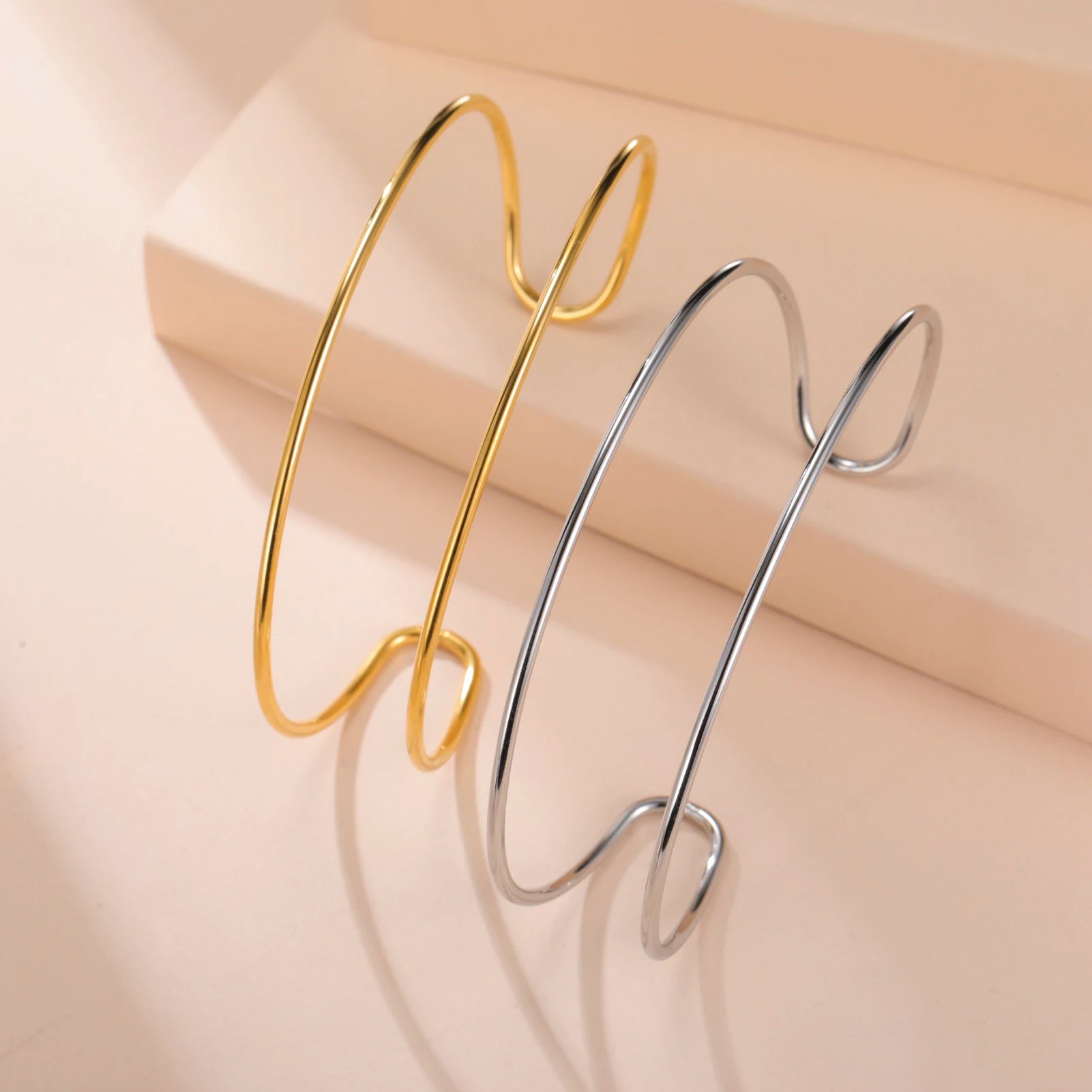 Skyrim Double Layer Cuff Bracelet Women Stainless Steel Gold Color Open Bangle Fashion Minimalist Geometric Jewelry Gift