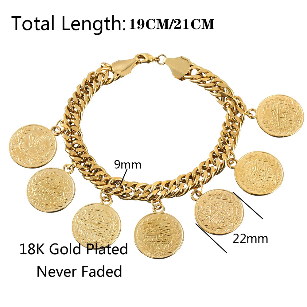 Length19CM/21CM Turkey Coin Bracelet for Women Gold Color Turks Simgesi Osmanli Turasi Muslim Islam Bangle Arab Allah Jewelry