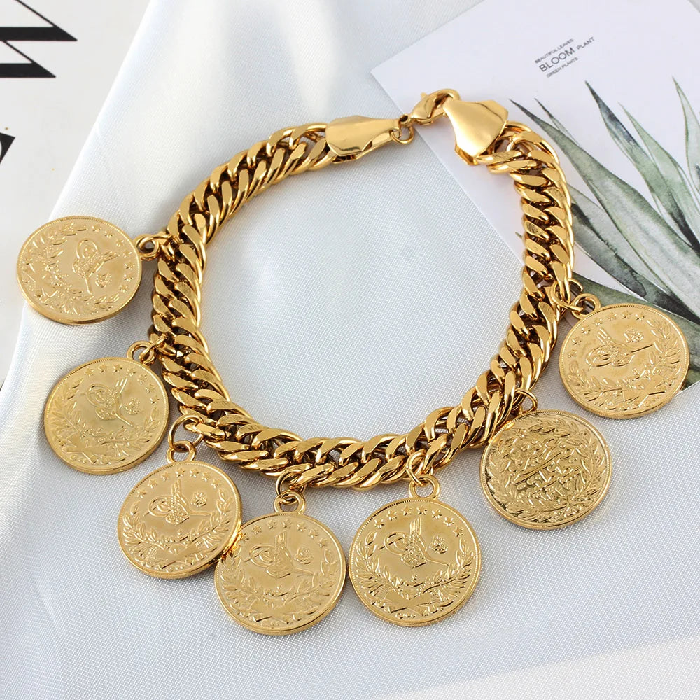 Length19CM/21CM Turkey Coin Bracelet for Women Gold Color Turks Simgesi Osmanli Turasi Muslim Islam Bangle Arab Allah Jewelry