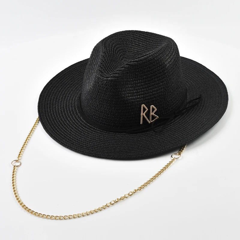 Fashionable Metal RB Letter Straw Hats for Women Men Summer Panaman Jazz Hat Outdoor Holidays Beach Sun Hat