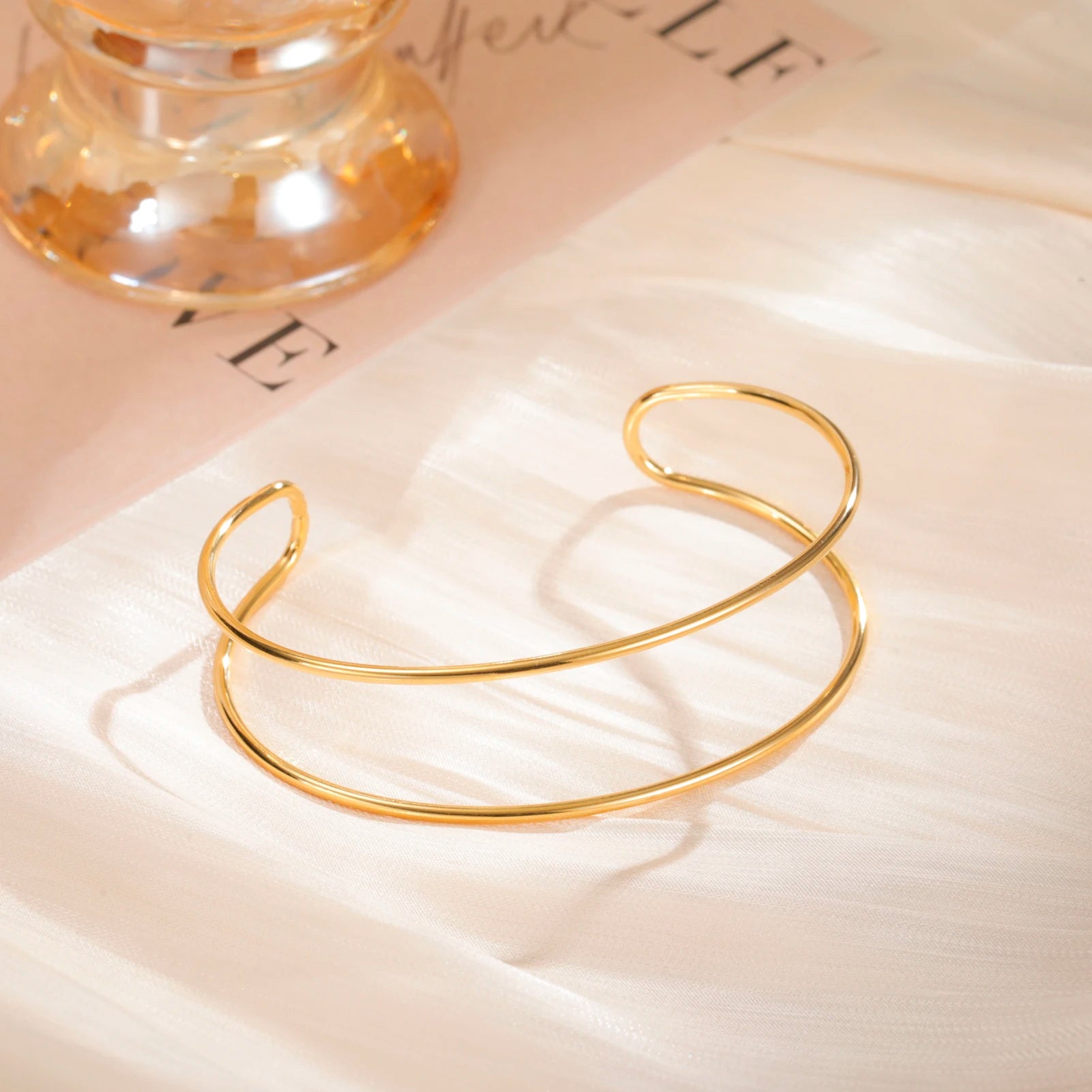 Skyrim Double Layer Cuff Bracelet Women Stainless Steel Gold Color Open Bangle Fashion Minimalist Geometric Jewelry Gift