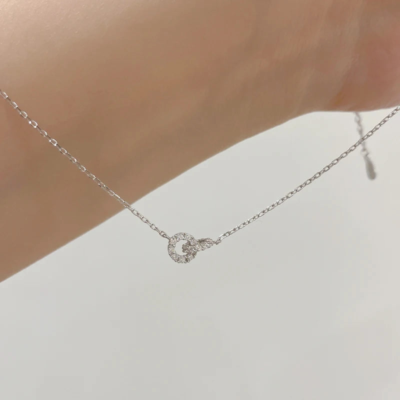 New S925 Silver Round Choker Zircon For Women Fashion Chain Minimalist Dainty Double Circle Pendant Necklace Neck Fine Jewelry