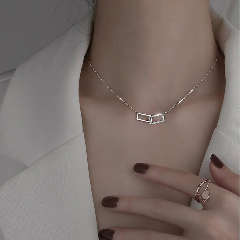New S925 Silver Round Choker Zircon For Women Fashion Chain Minimalist Dainty Double Circle Pendant Necklace Neck Fine Jewelry