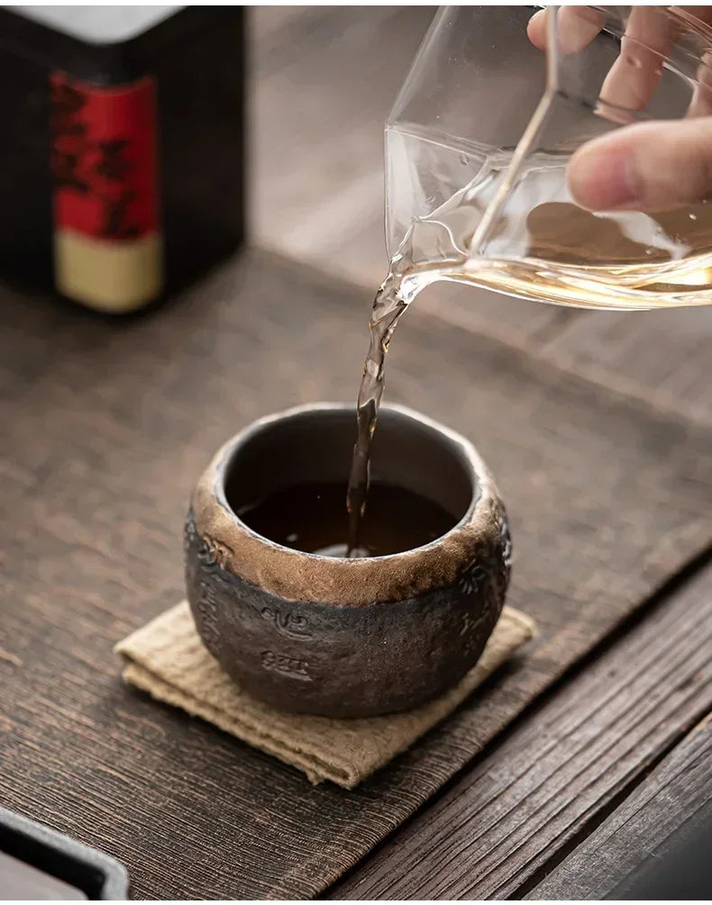 Tea Cup Rough Pottery Handmade Relief Heart Sutra Zen Cup Ceramic Chinese Master Portable Individual Single Cup