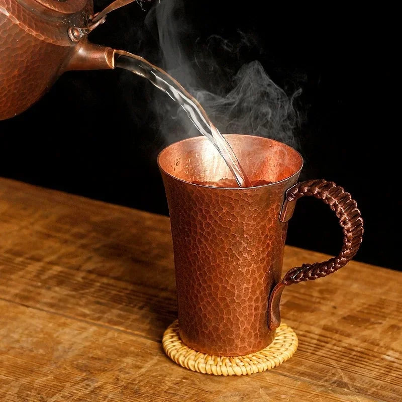 Vintage Pure Copper Cup,With lid Weave Handle Thickened Breakfast Cup,Handcrafted Tea Tumbler Drinkware Tableware Coffee Mug