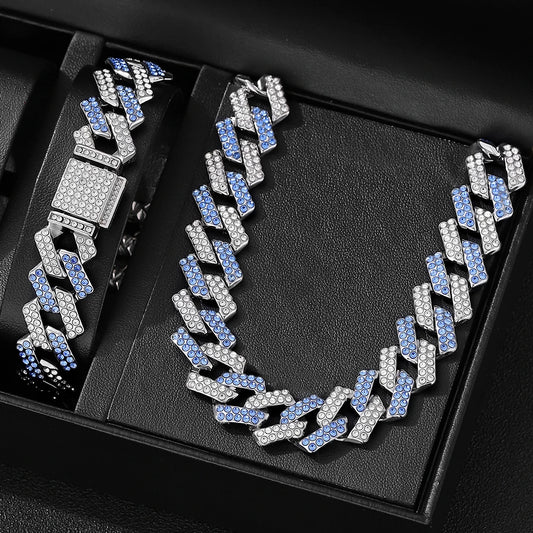 2pcs Jewelry Set Hip Hop Geometric Cuban Chain Neck Fashionable High Quality Hip Hop Rhinestone Neck Bracelet Jewelry holiday gi
