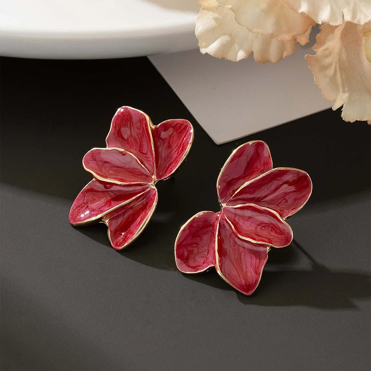 Metal Flower Red Enamel Petal Drop Earrings for Women Trendy Yellow Blue Green Drops Oil Flower Earrings Fashion Jewelry Gifts