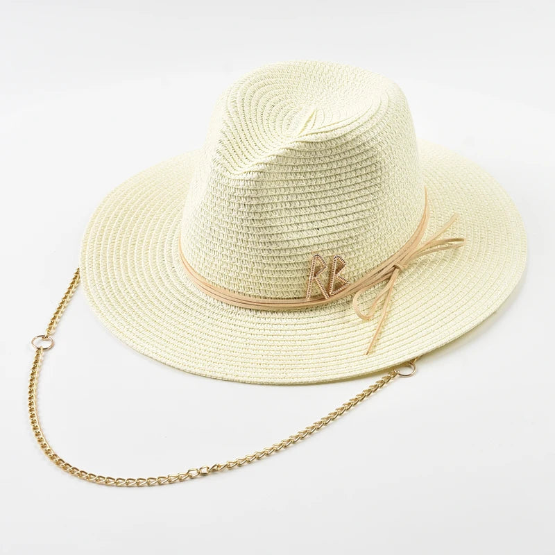 Fashionable Metal RB Letter Straw Hats for Women Men Summer Panaman Jazz Hat Outdoor Holidays Beach Sun Hat