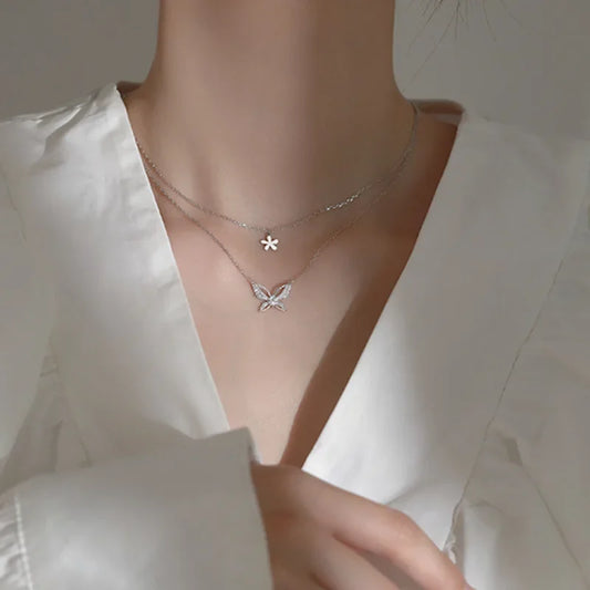 Simple Floral Butterfly Double Necklace Women's Zircon Pendant Collarbone Chain 2025 Fashion Jewelry