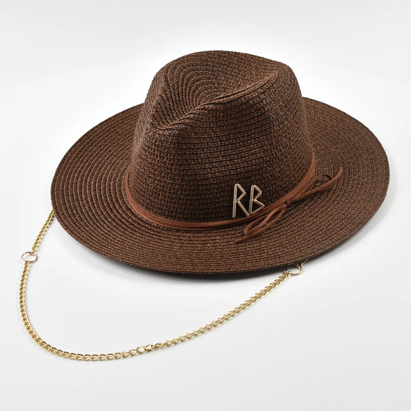 Fashionable Metal RB Letter Straw Hats for Women Men Summer Panaman Jazz Hat Outdoor Holidays Beach Sun Hat
