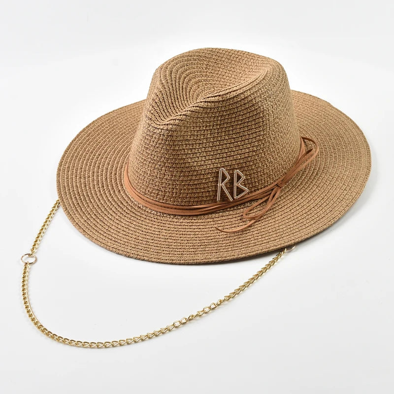 Fashionable Metal RB Letter Straw Hats for Women Men Summer Panaman Jazz Hat Outdoor Holidays Beach Sun Hat