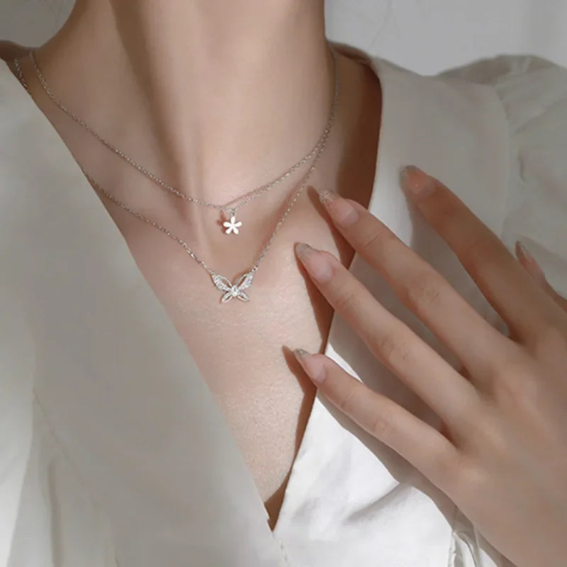 Simple Floral Butterfly Double Necklace Women's Zircon Pendant Collarbone Chain 2025 Fashion Jewelry