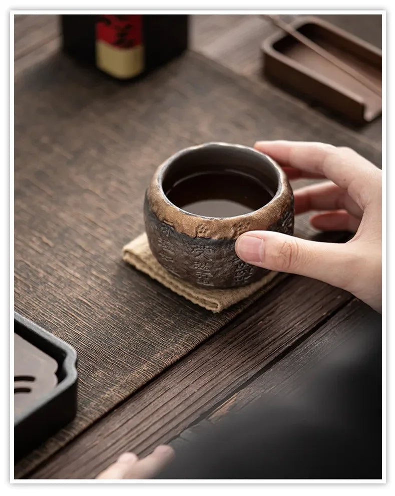 Tea Cup Rough Pottery Handmade Relief Heart Sutra Zen Cup Ceramic Chinese Master Portable Individual Single Cup
