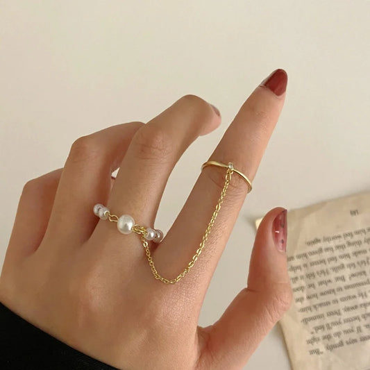 New Fashion Chain Link Ring Full Rhinestone Vintage Flower Double Finger For Women Girl Party Jewelry Gift Accessories