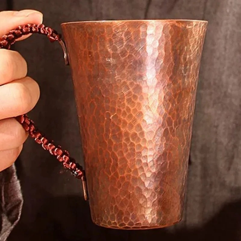 Vintage Pure Copper Cup,With lid Weave Handle Thickened Breakfast Cup,Handcrafted Tea Tumbler Drinkware Tableware Coffee Mug
