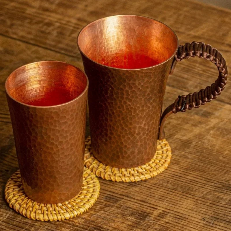Vintage Pure Copper Cup,With lid Weave Handle Thickened Breakfast Cup,Handcrafted Tea Tumbler Drinkware Tableware Coffee Mug