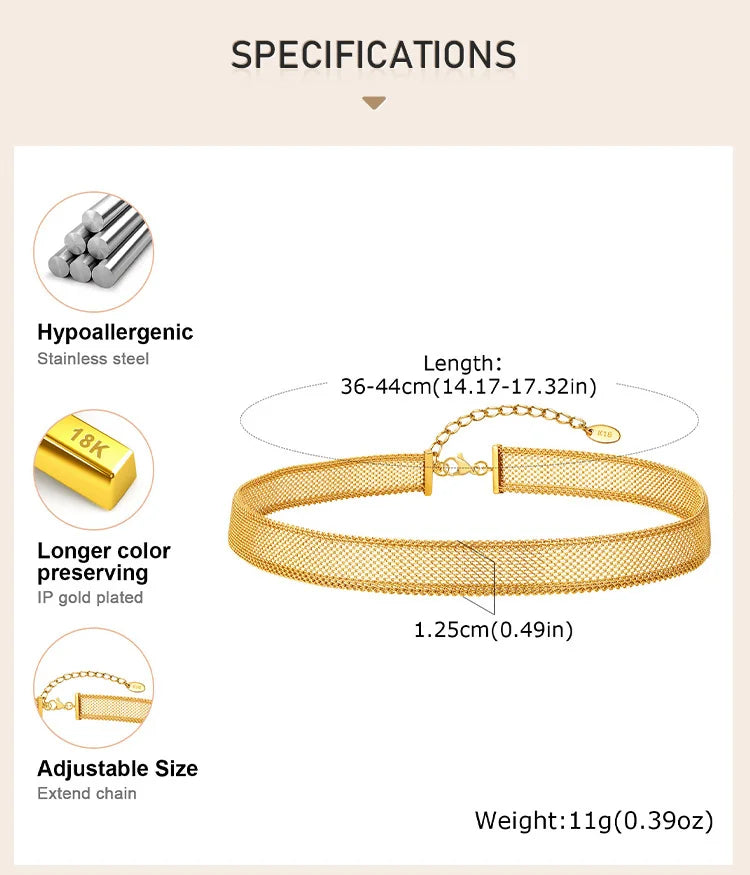 Mesh Link Necklace for Women, stainless steel chain Clavicle Necklaces ,Adjustable Gold Plated Neck Jewelry